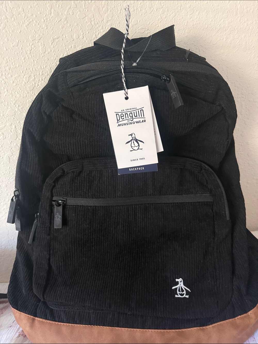 Original Penguin Black Corduroy Backpack with Tan Accent